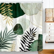 Boho Mid Century Shower Curtain,Abstract Minimalist Geometric Gold Green Leaves Aesthetic Modern Bathroom Curtain,Fabric Polyester Shower Curtain Decor Set with Hooks 36X72in